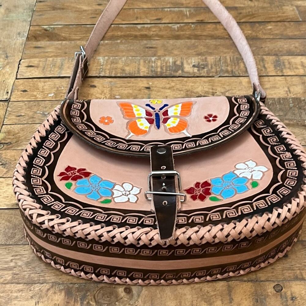 Mexican Hand-Tooled Leather Crossbody Bag Butterfly & Floral Design - Picture 2 of 14